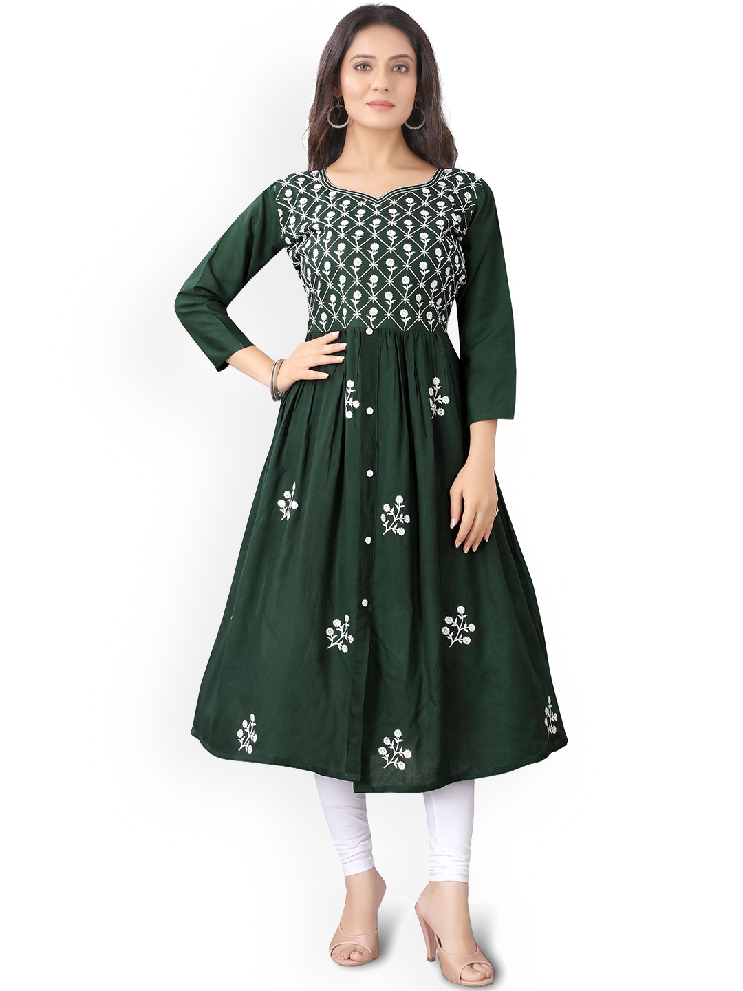 

FANTASY FAB Floral Embroidered Thread Work Anarkali Kurta, Green