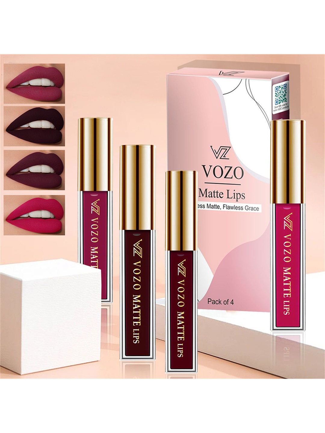 

VOZO Set Of 4 Matte Lips Liquid Lipstick 4 ml Each Shade 101-102-103-204, Red