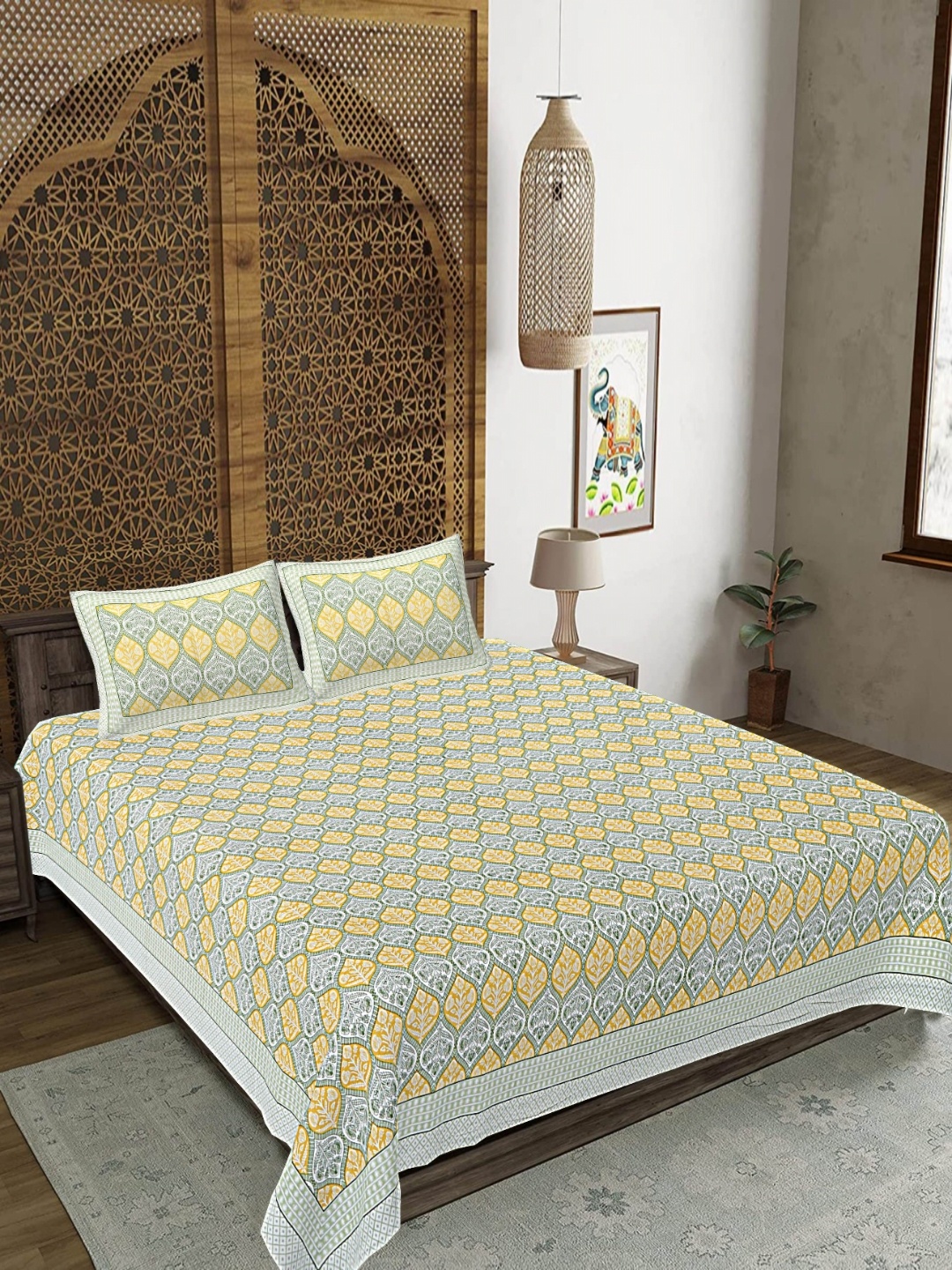 

FrionKandy Living Yellow & White Floral 180 TC King Bedsheet With 2 Pillow Covers