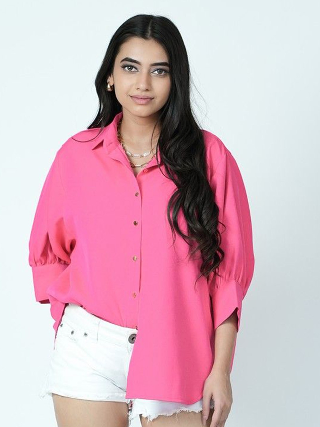 

KINA Women Custom Spread Collar Solid Oversized Casual Shirt, Pink