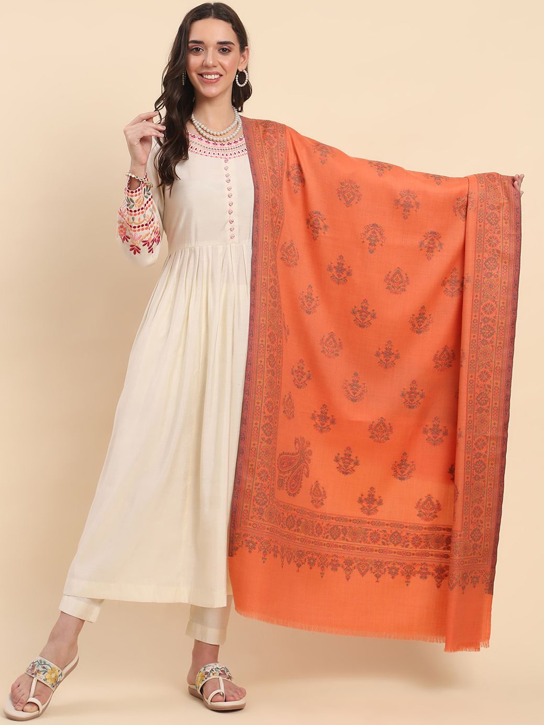 

La Vastraa Women Ethnic Motifs Woven Design Shawl, Peach