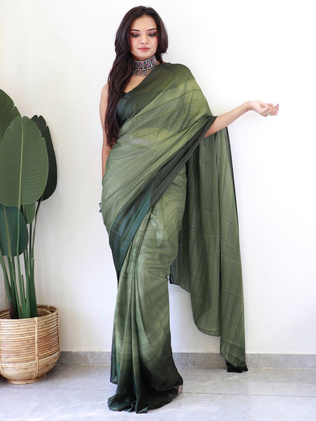 

Mitera Striped Ready to Wear Saree, Green
