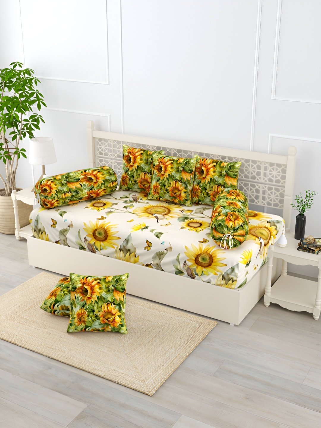 

EverHOME Beige & Green8 Pieces Floral Printed Pure Cotton Diwan Set