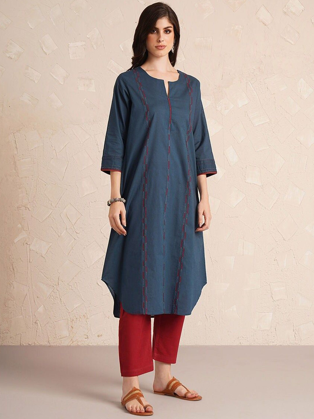 

JAYPORE Striped Thread Work Pure Cotton A-Line Kurta, Navy blue