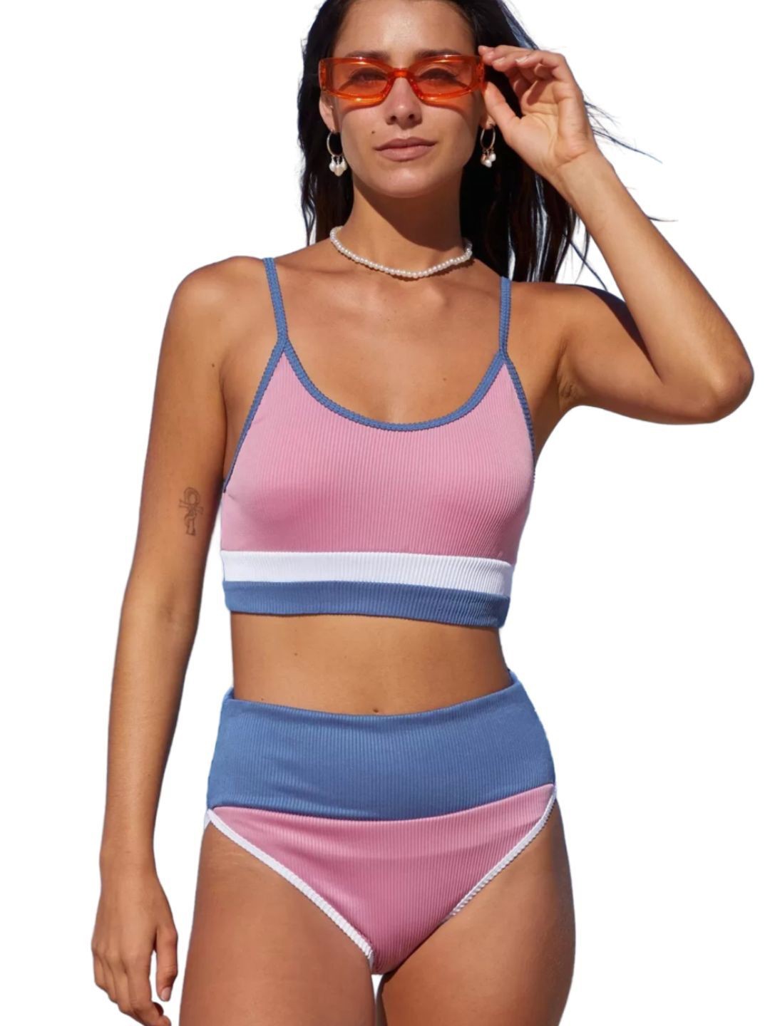 

ANGEL CROSHET Women Shoulder-Straps Swim Bikini Set, Pink