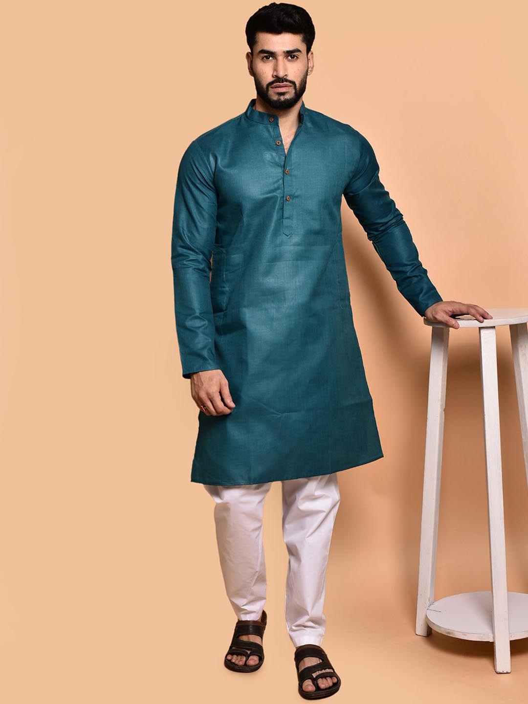 

PRINTCULTR Men Regular Pure Cotton Kurta with Trousers, Teal