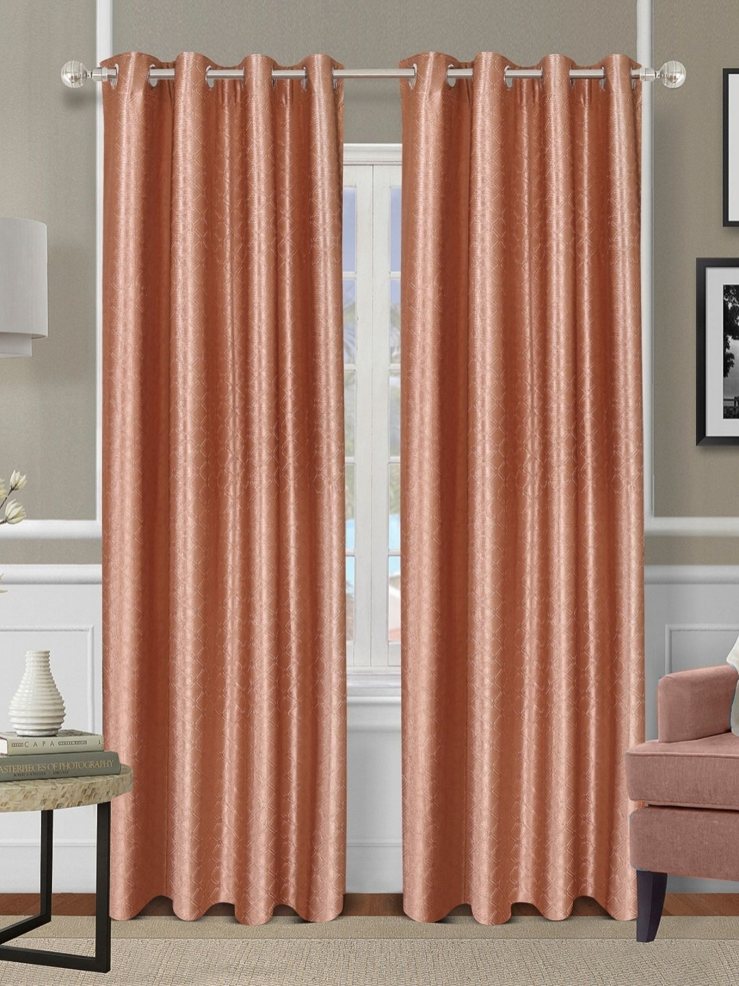 

Myntra Elegant Homes Orange 2 Pieces Geometric Room Darkening Long Door Curtain