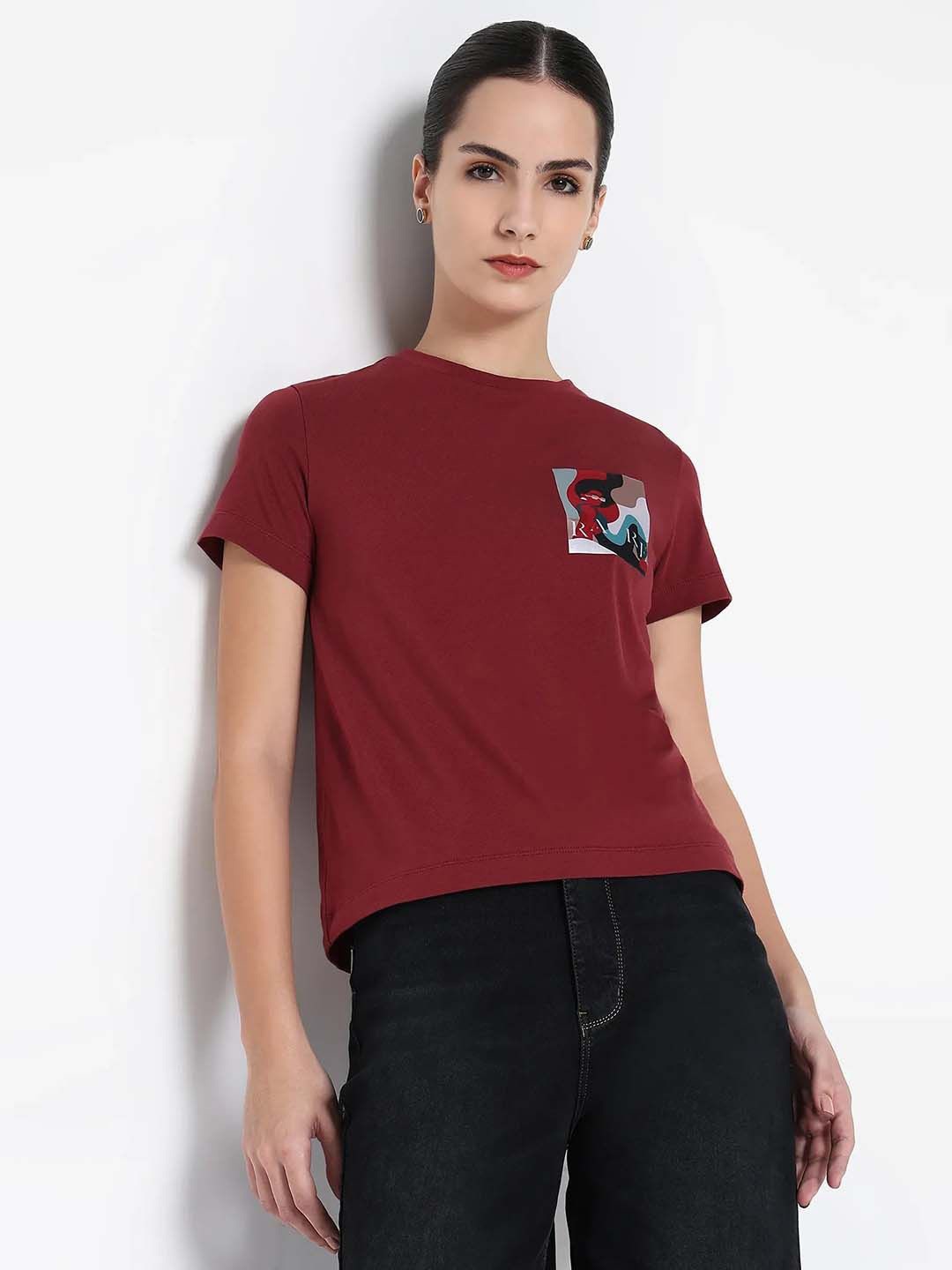 

RAREISM Women Graphic Printed Round Neck Cotton T-shirt, Maroon