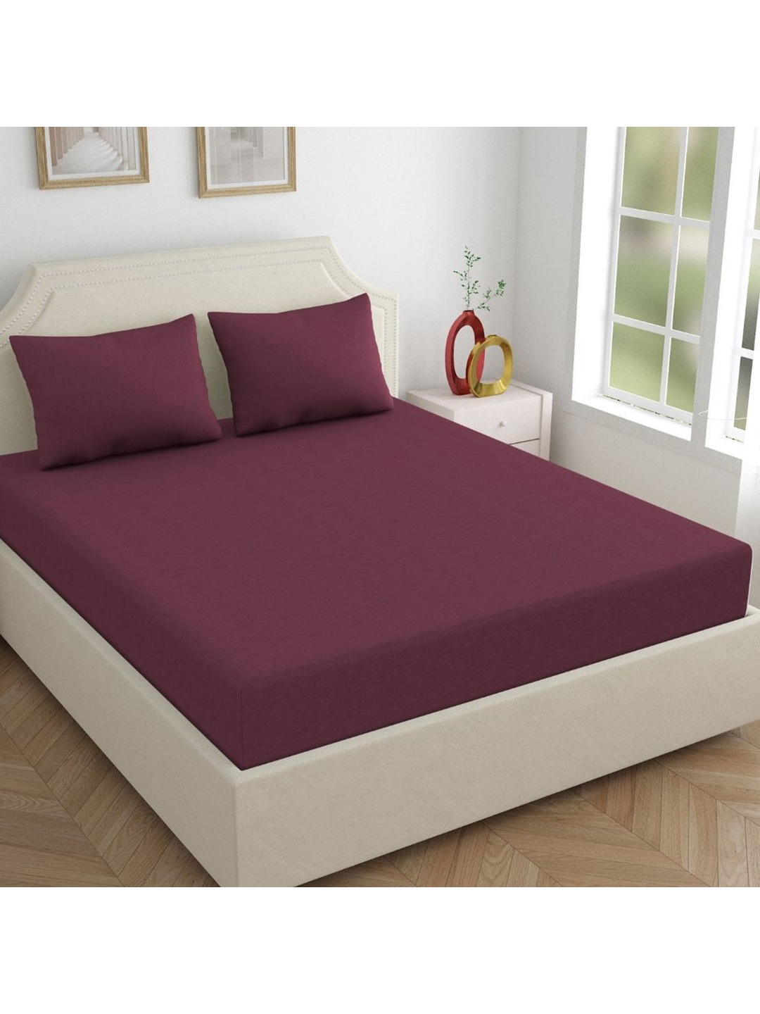

haus & kinder Maroon 180 TC Pure Cotton Fitted Queen Bedsheet with 2 Pillow Covers