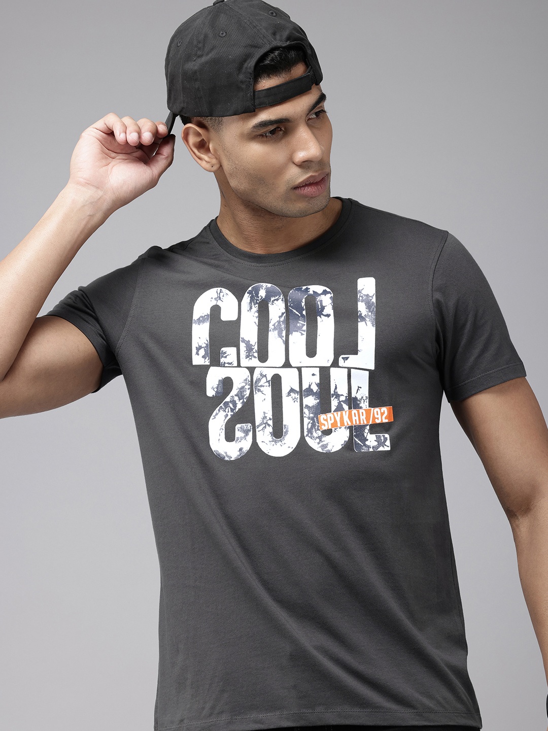 

SPYKAR Pure Cotton Typography Printed Slim Fit T-shirt, Grey