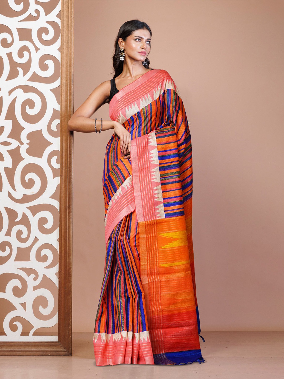 

Unnati Silks Striped Zari Jute Silk Handloom Tussar Saree, Pink