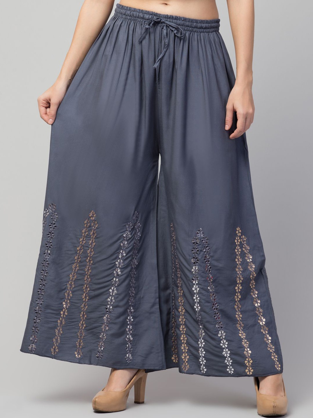 

FAMBEE Women Ethnic Motifs Embroidered Flared Ethnic Palazzos, Grey