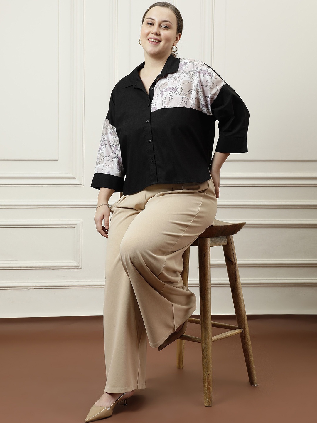 

Athena Ample Print Cotton Shirt Style Top, Black