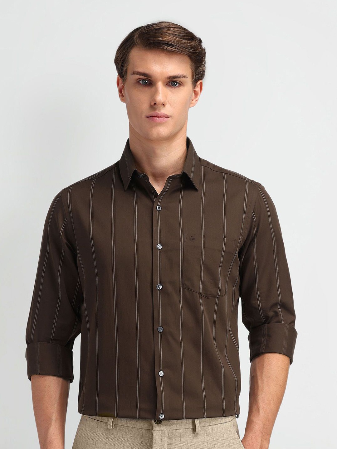

Arrow Men Modern Slim Fit Windowpane Checks Opaque Striped Formal Shirt, Brown