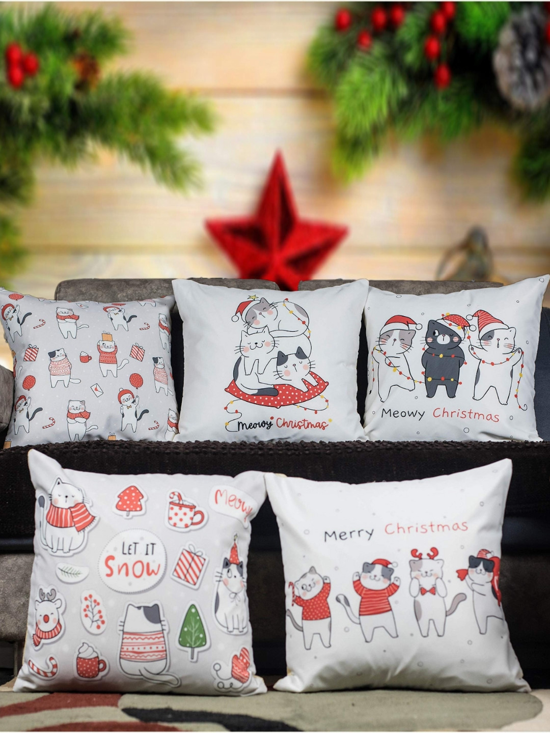 

Vendola Grey & Red 5 Pieces Graphic Printed Square Cushion Covers