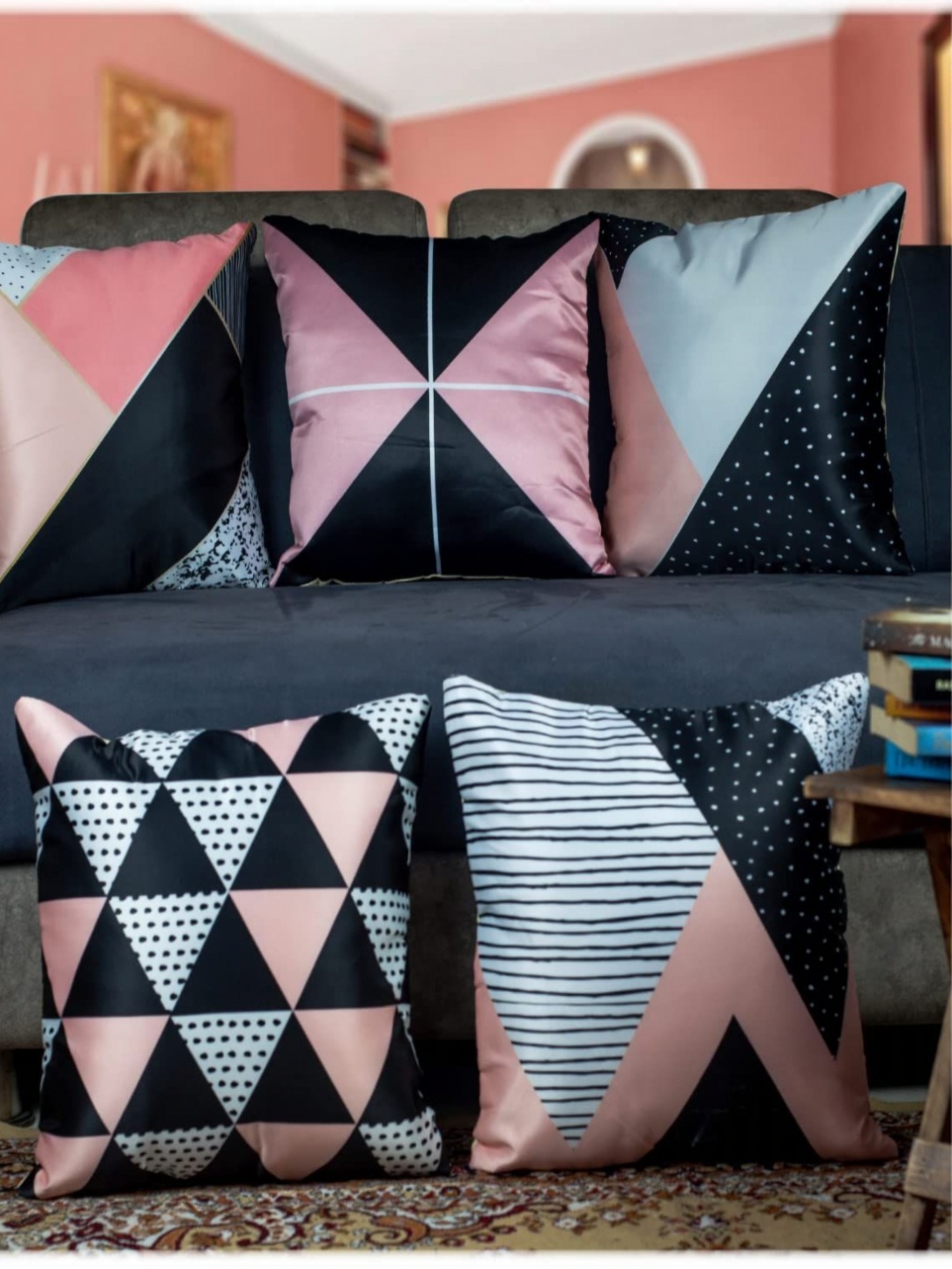 

Vendola Green & White 5 Pieces Geometric Printed Satin Square Cushion Covers
