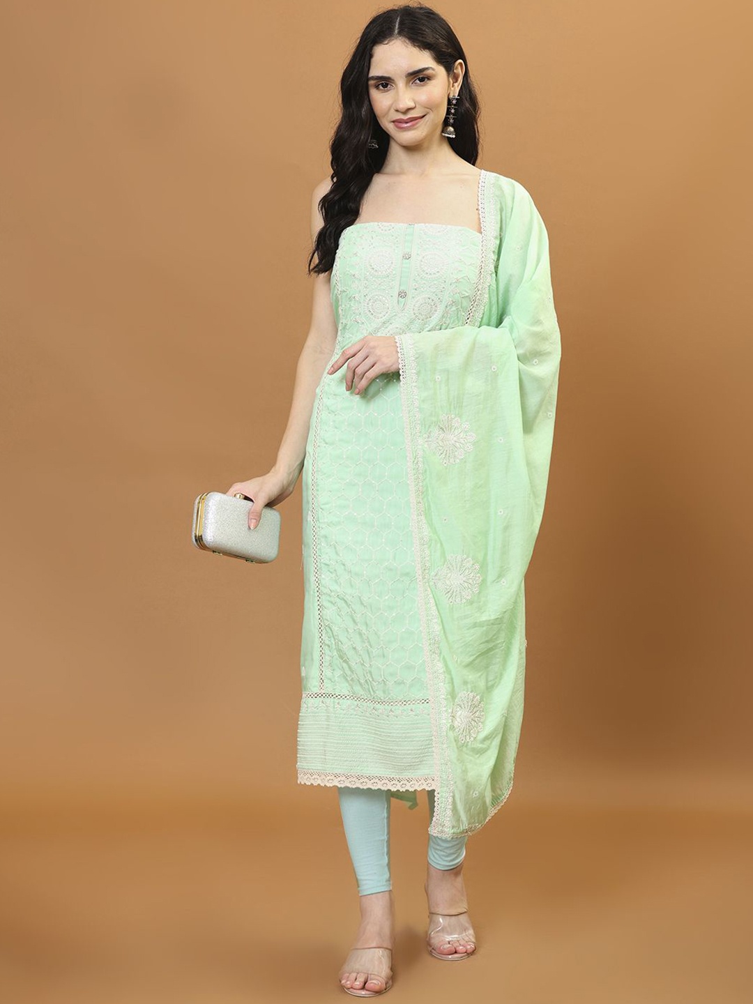 

Meena Bazaar Embroidered Art Silk Unstitched Dress Material, Blue