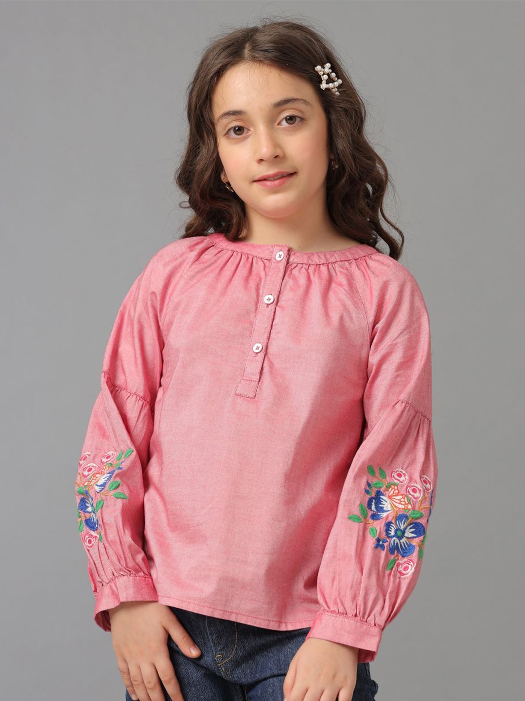 

UNDER FOURTEEN ONLY Floral Print Mandarin Collar Cotton Top, Pink