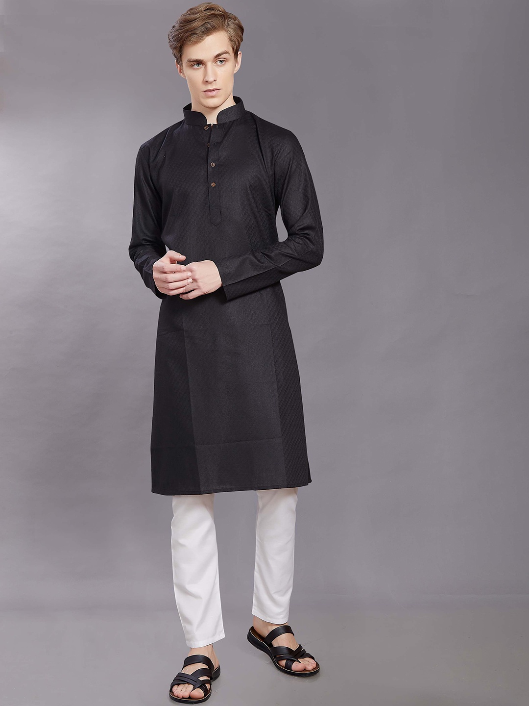 

DIVISIVE Woven Design Mandarin Collar Cotton Straight Kurta, Black