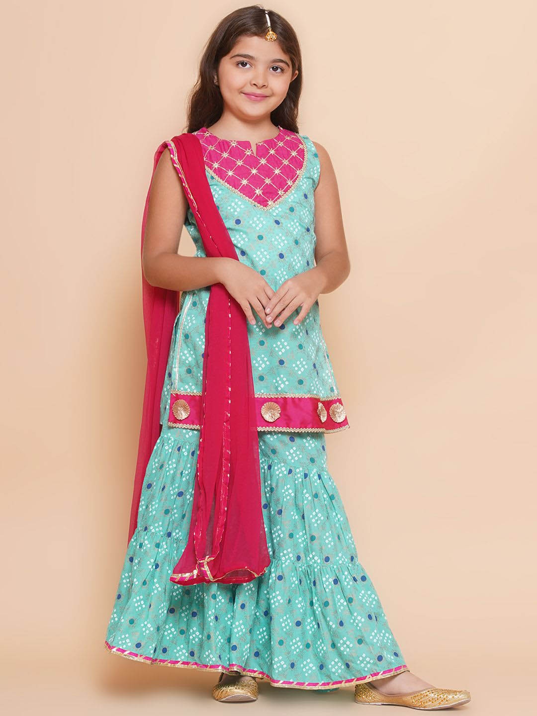 

Bitiya by Bhama Girls Ethnic Motifs Printed Empire Gotta Patti Kurti with Sharara & With Dupatta, Sea green