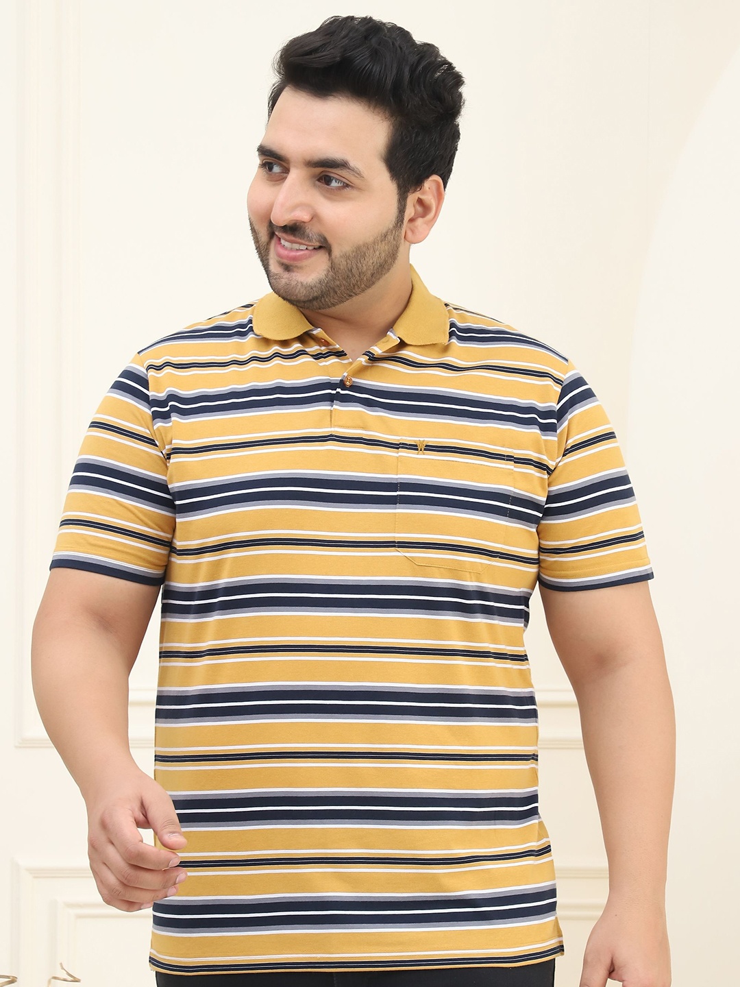 

VENITIAN Men Striped Polo Collar Cotton T-shirt, Mustard