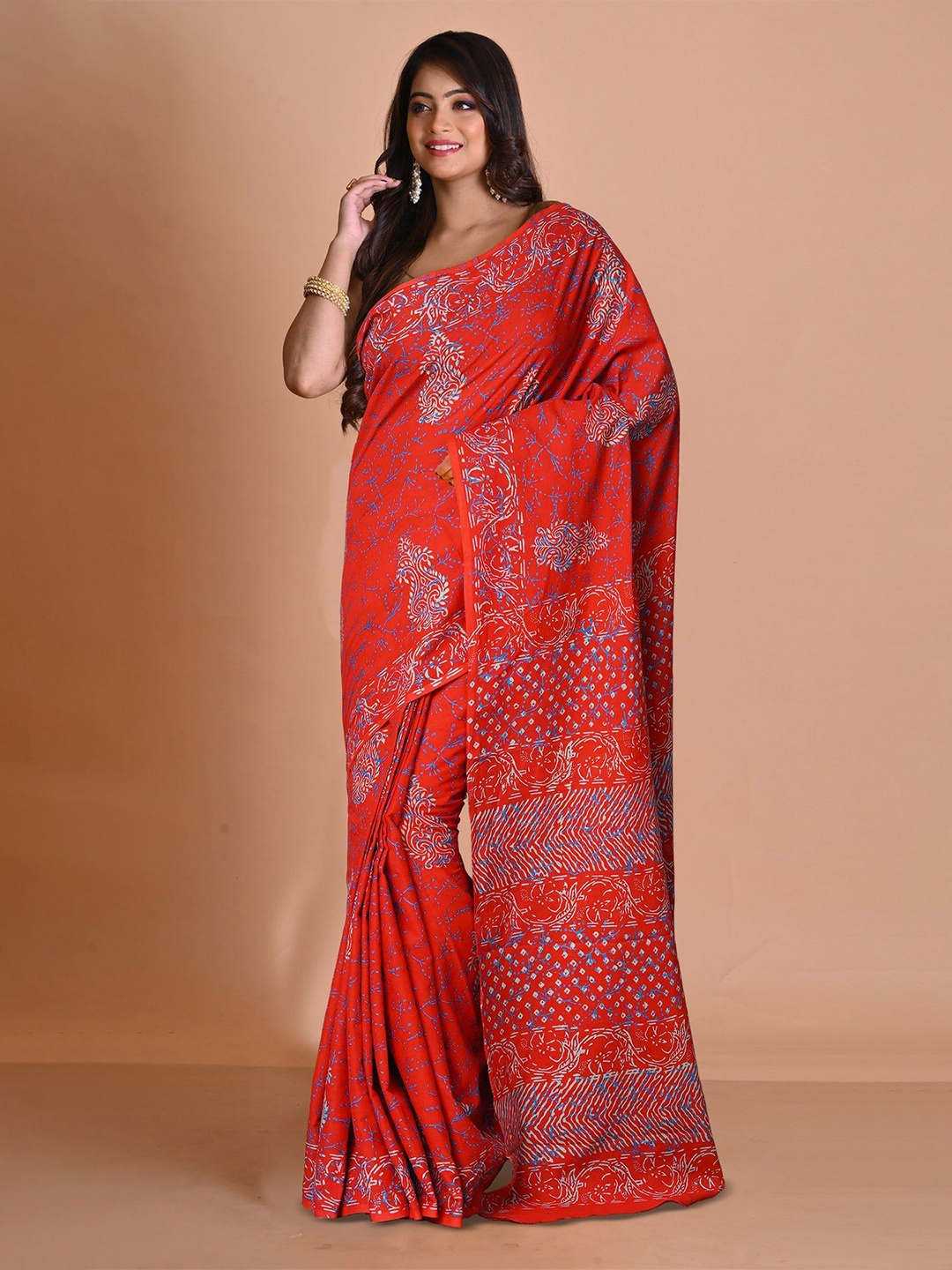 

Unnati Silks Ethnic Motifs Pure Cotton Handloom Block Print Saree, Red