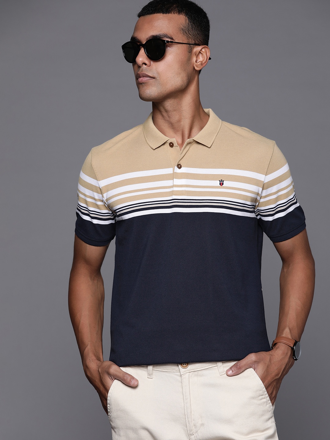 

Louis Philippe Sport Men Beige & Navy Blue Striped Polo Collar T-shirt