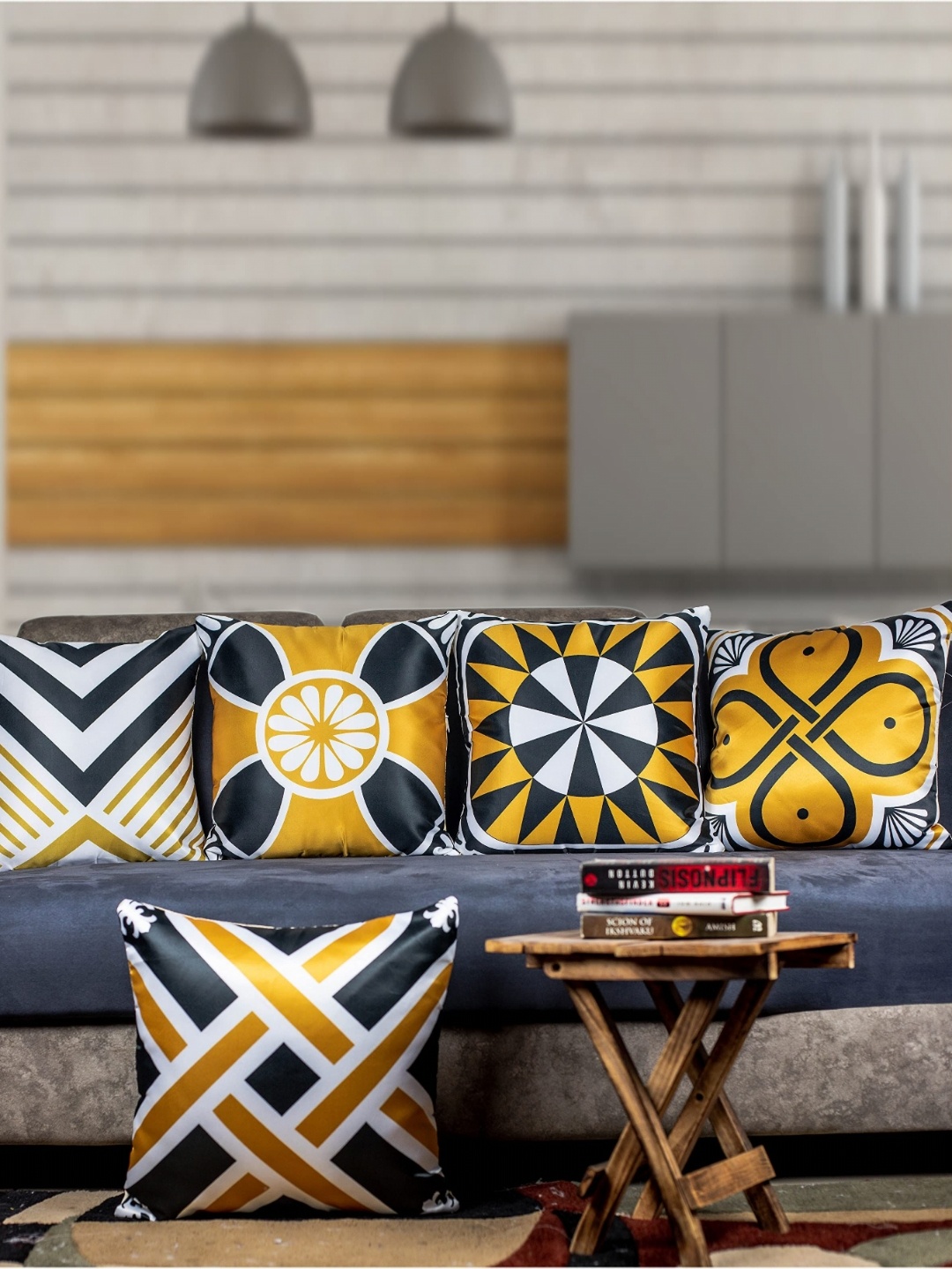 

Vendola Yellow & White 5 Pieces Geometric Printed Satin Square Cushion Covers