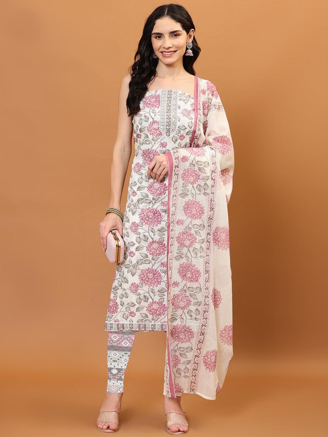 

Meena Bazaar Printed Unstitched Dress Material, Cream