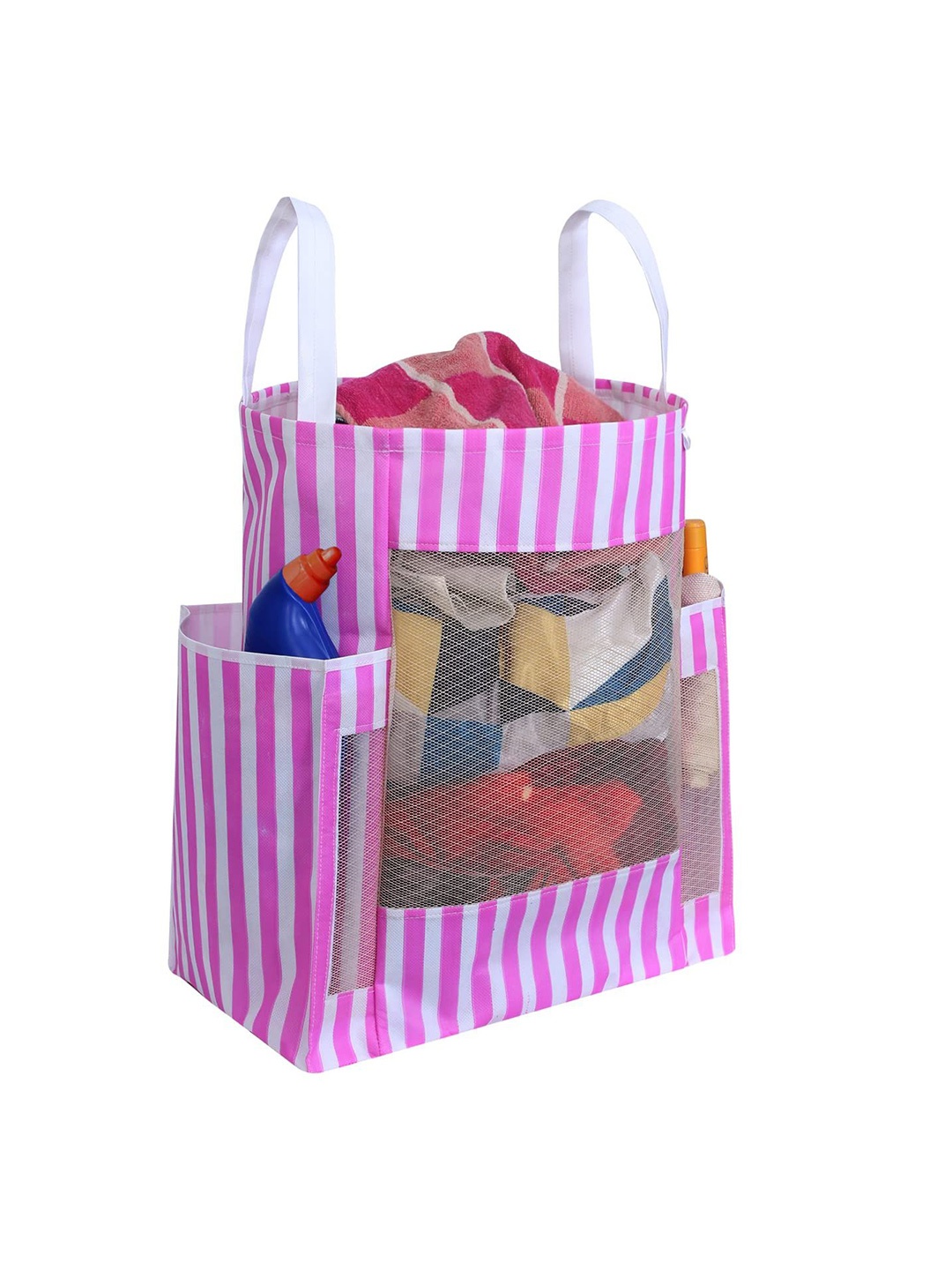 

prettykrafts Pink & White Striped Rectangular Foldable Laundry Bag With Side Pockets