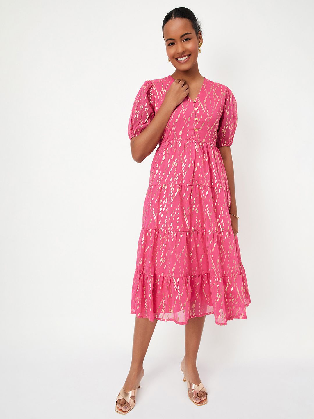 

Max x Kalki Women Foil Printed Tiered Dress, Pink