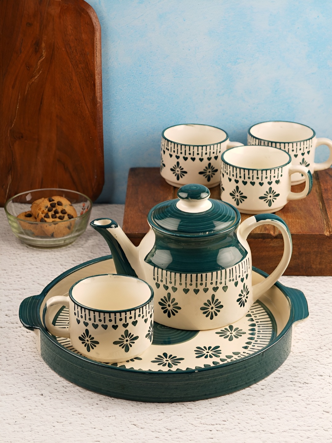

CDI White & Green 6 Pieces Geometric Printed Ceramic Glossy Tea Set