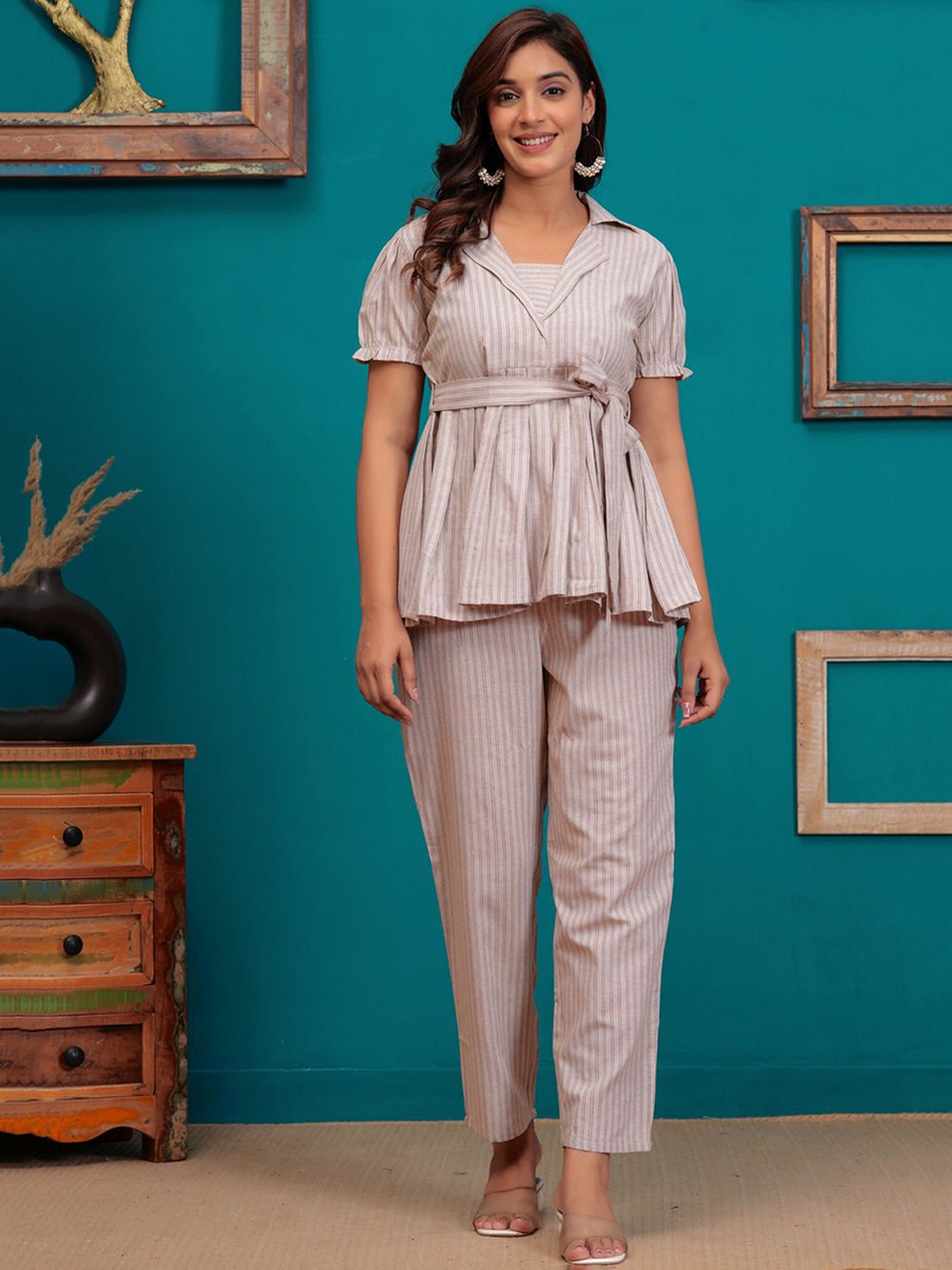 

SARAI CREATIONS Striped Pure Cotton Top With Trouser, Beige