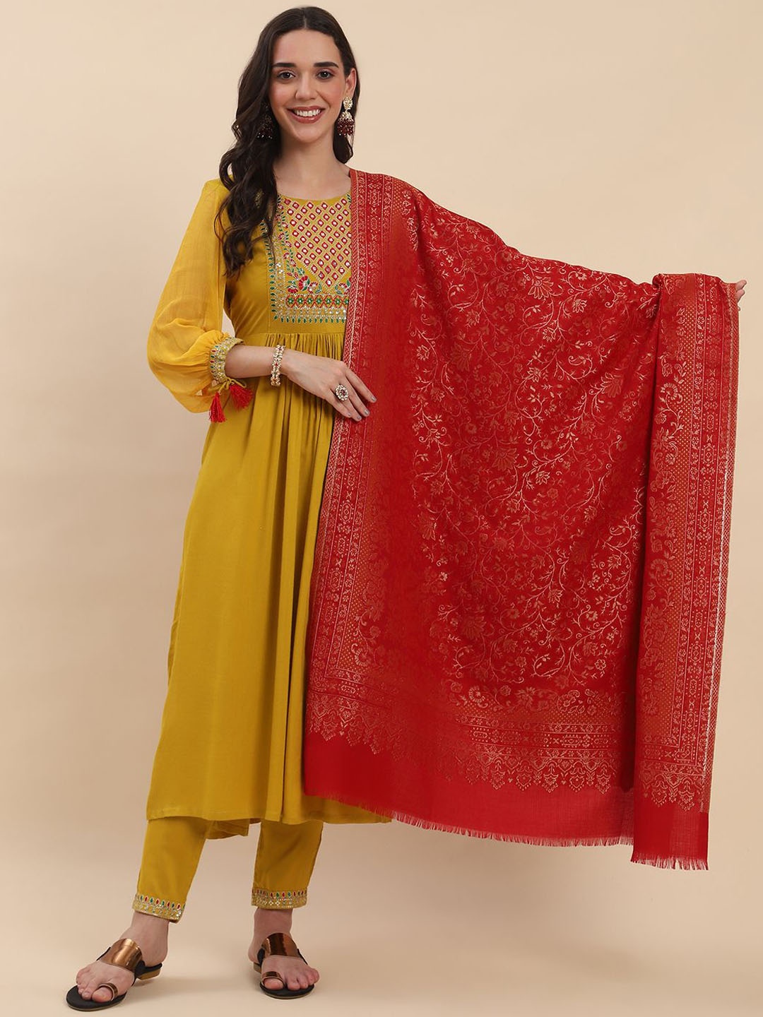 

La Vastraa Women Floral Woven Design Shawl, Red