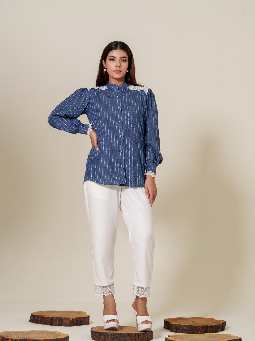 

KINA Women Custom Mandarin Collar Striped Cotton Oversized Casual Shirt, Blue