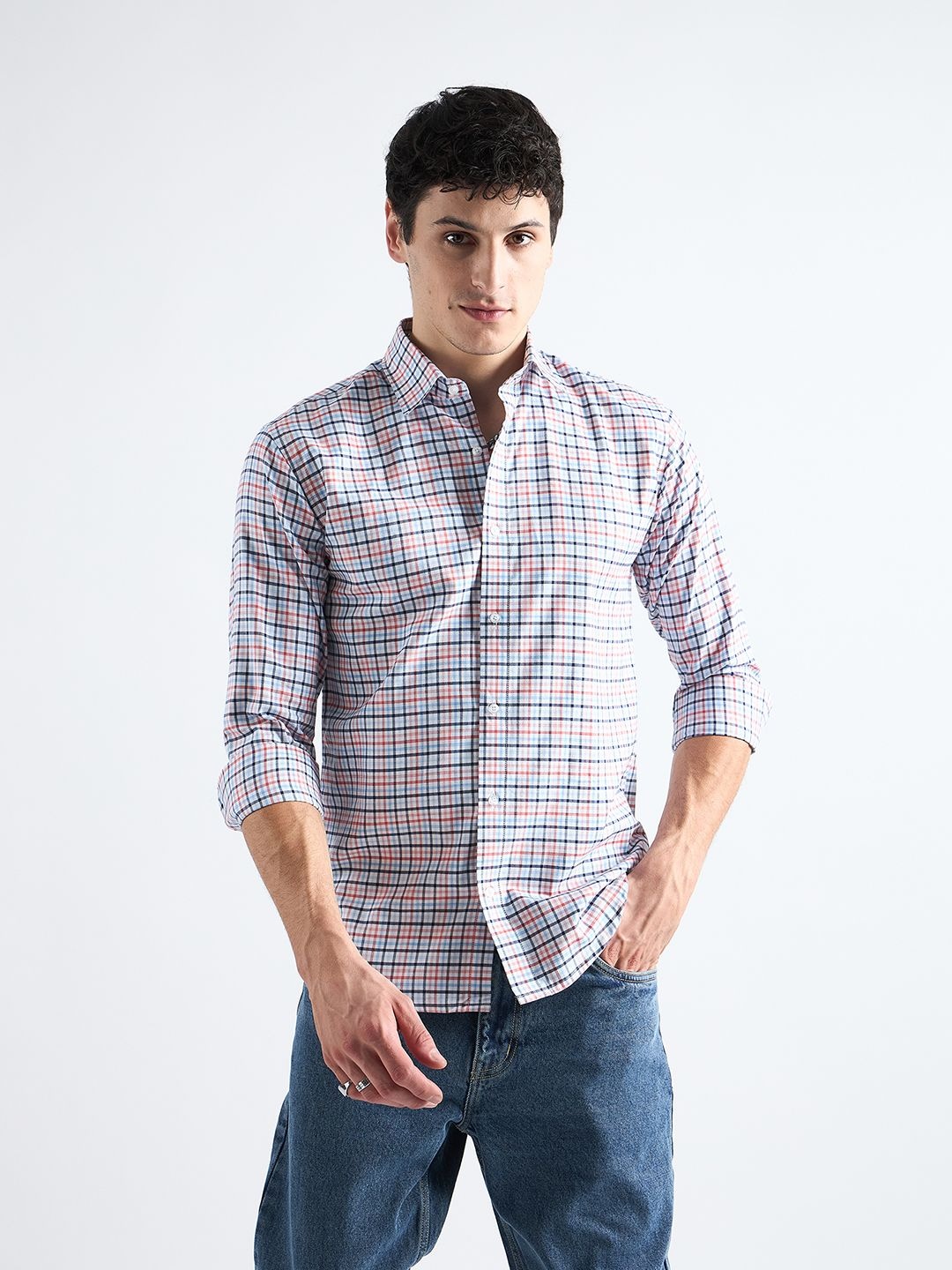

all yours Men Classic Slim Fit Gingham Checks Opaque Checked Formal Shirt, White