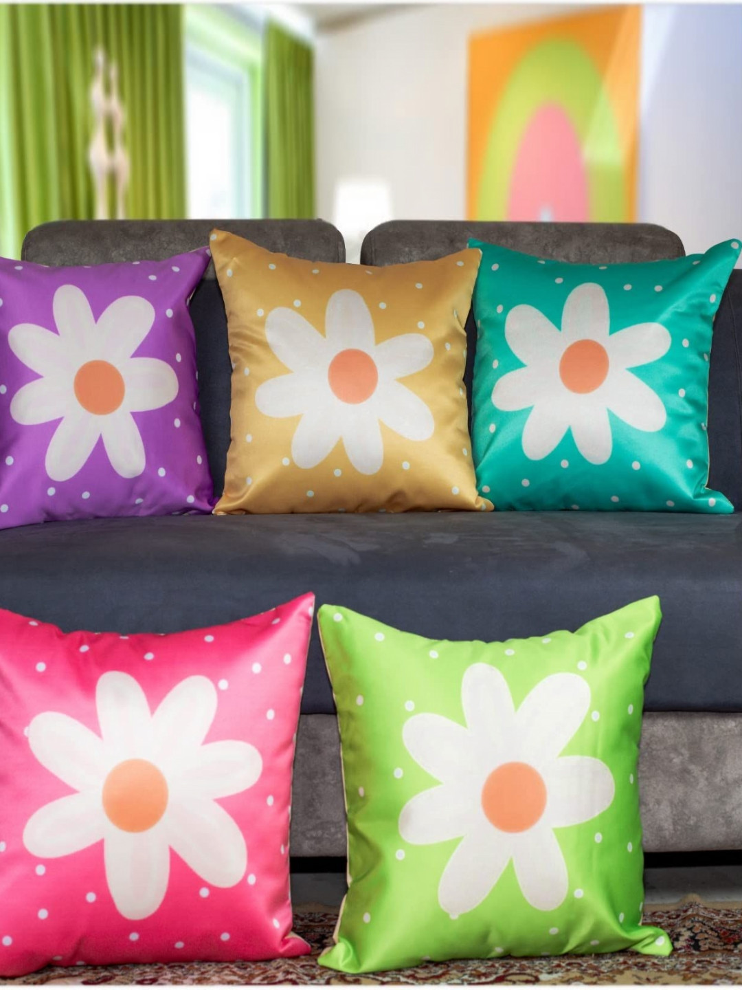 

Vendola Pink & Purple 5 Pieces Floral Printed Satin Square Cushion Covers