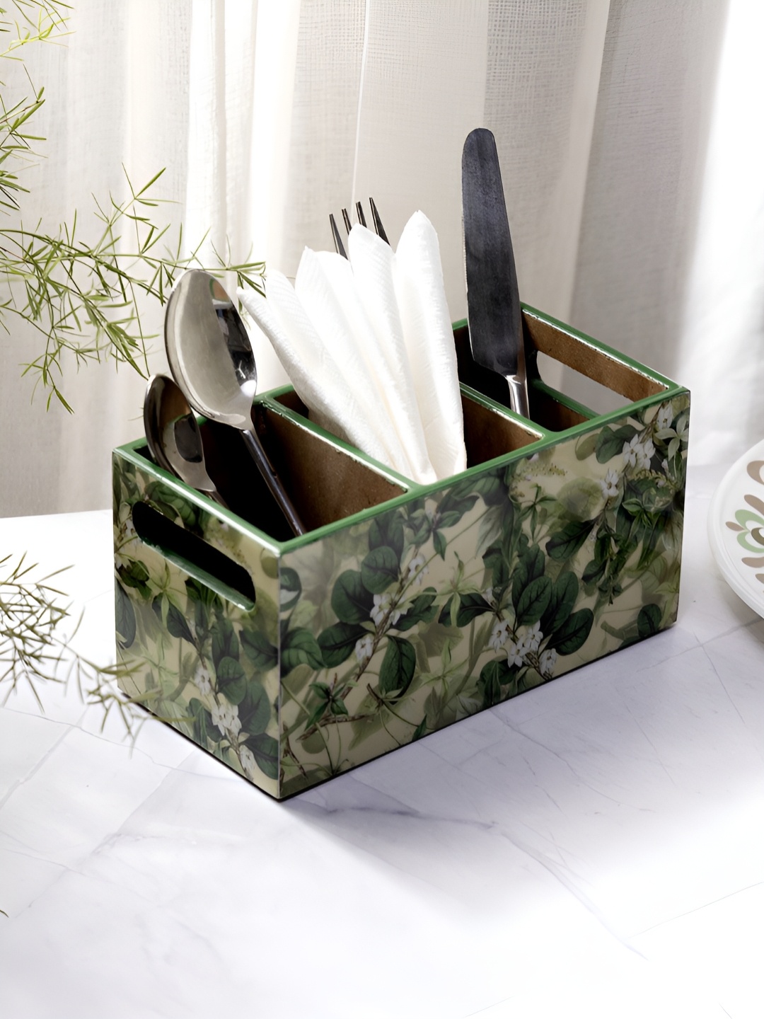 

DULI Green Leaf Printed Wooden Cutlery Holder