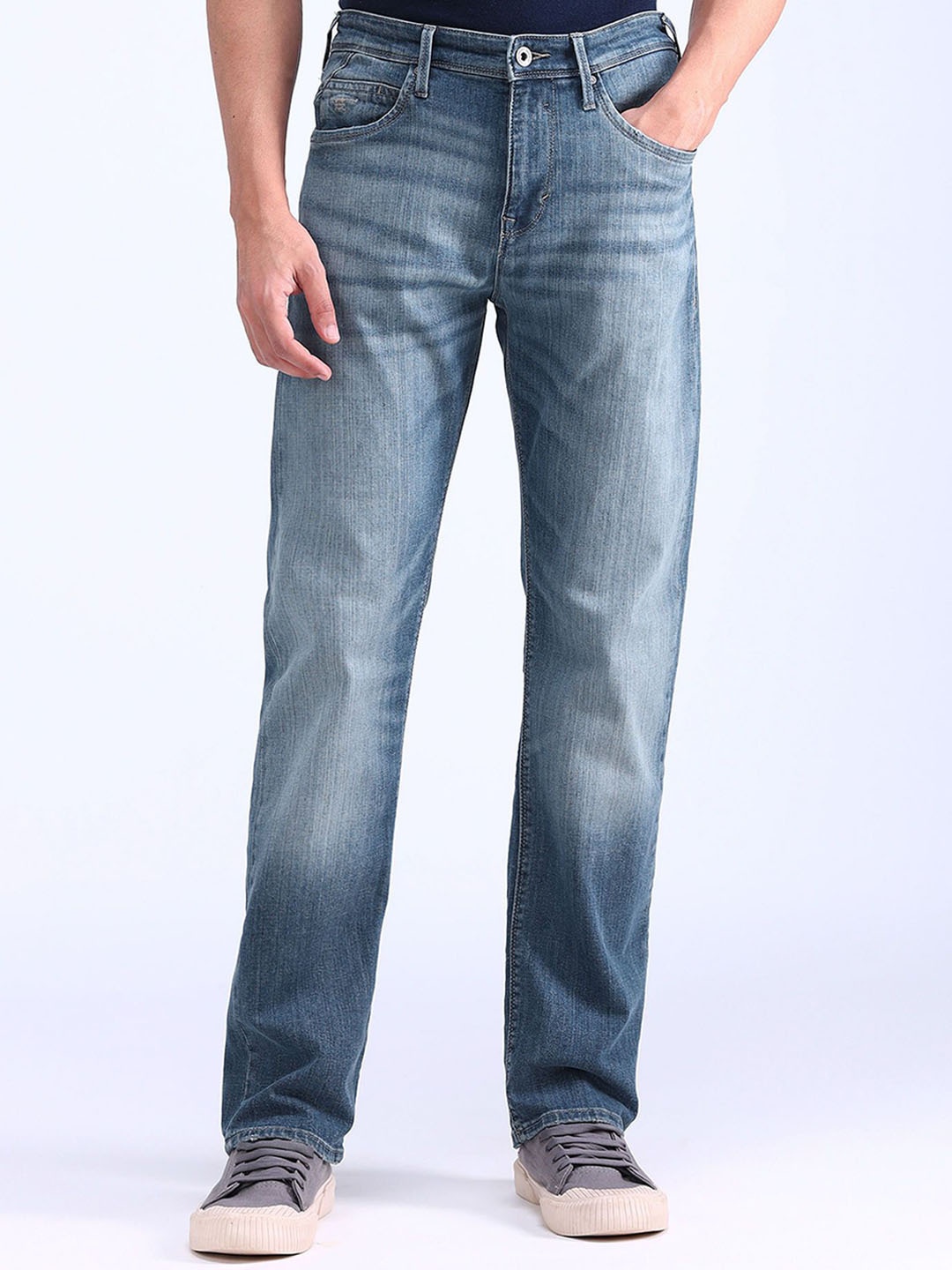 

Flying Machine Men Straight Fit Heavy Fade Stretchable Jeans, Blue