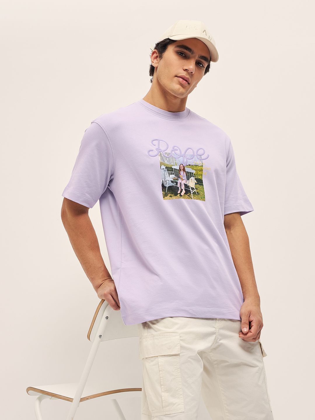 

THE BEAR HOUSE Men Graphic Printed Round Neck Cotton Oversized T-shirt, Purple
