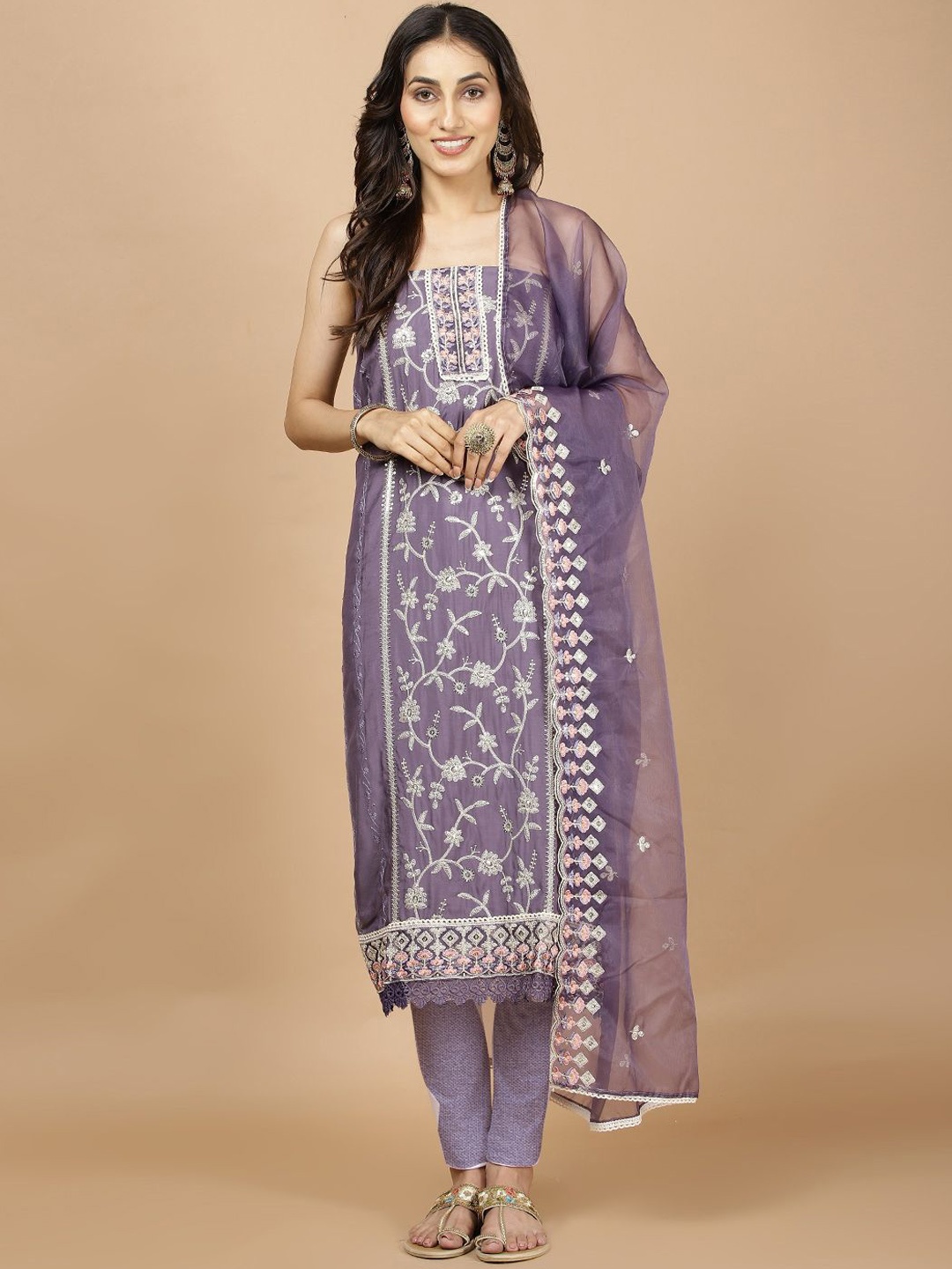 

Meena Bazaar Floral Embroidered Thread Work Unstitched Dress Material, Purple