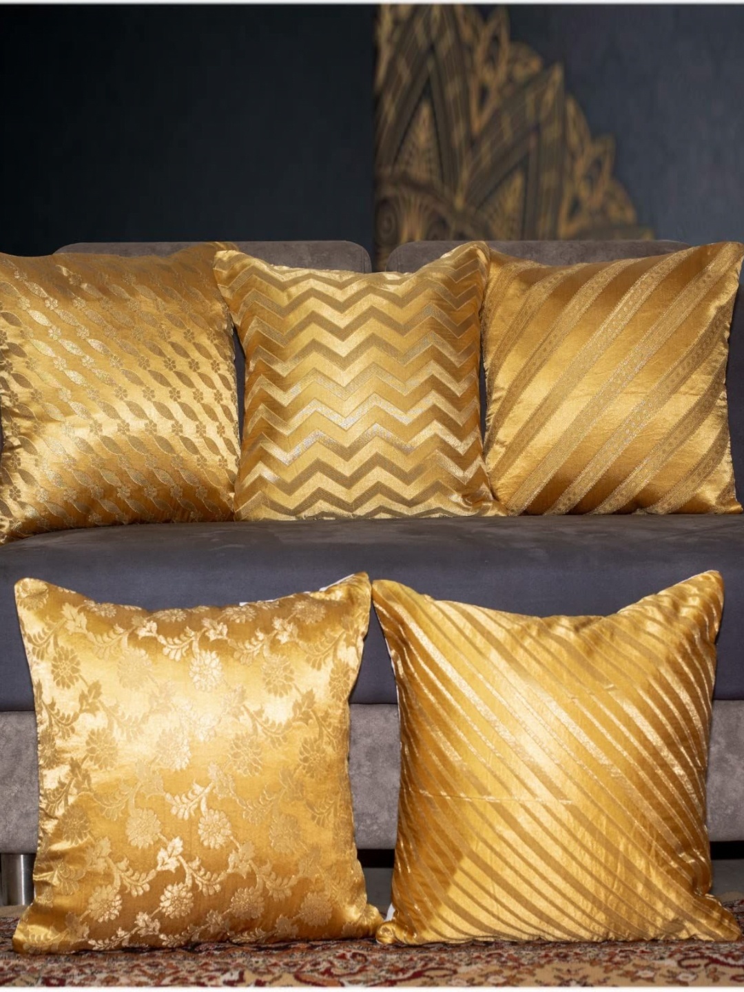 

Vendola Gold Toned 5 Pieces Geometric Square Cushion Covers