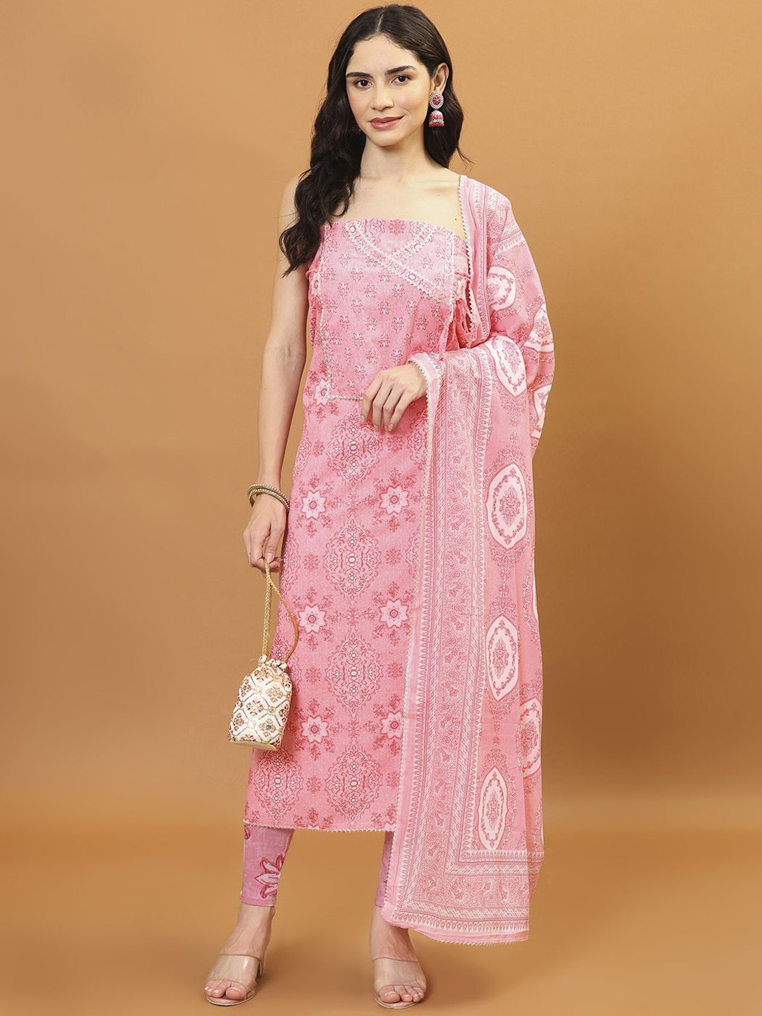 

Meena Bazaar Printed Unstitched Dress Material, Pink