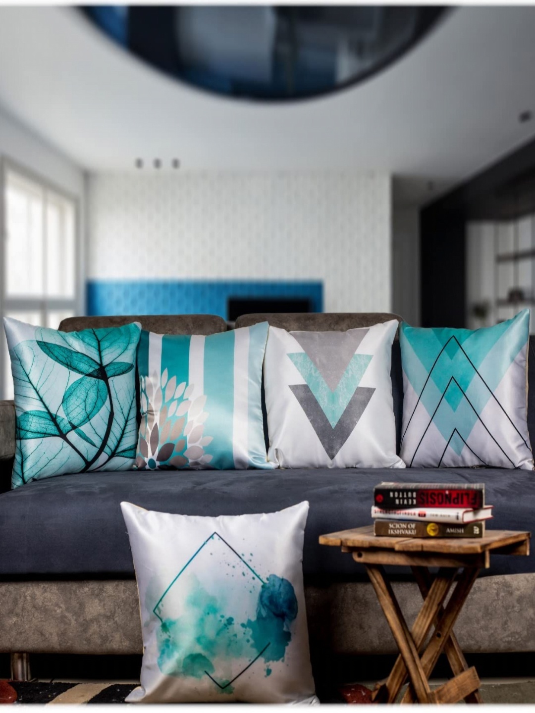 

Vendola Turquoise Blue & White 5 Pieces Geometric Printed Square Cushion Covers