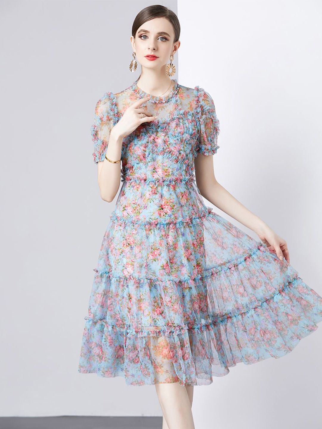 

JC Collection Women Floral Print Puff Sleeve Fit & Flare Dress, Blue