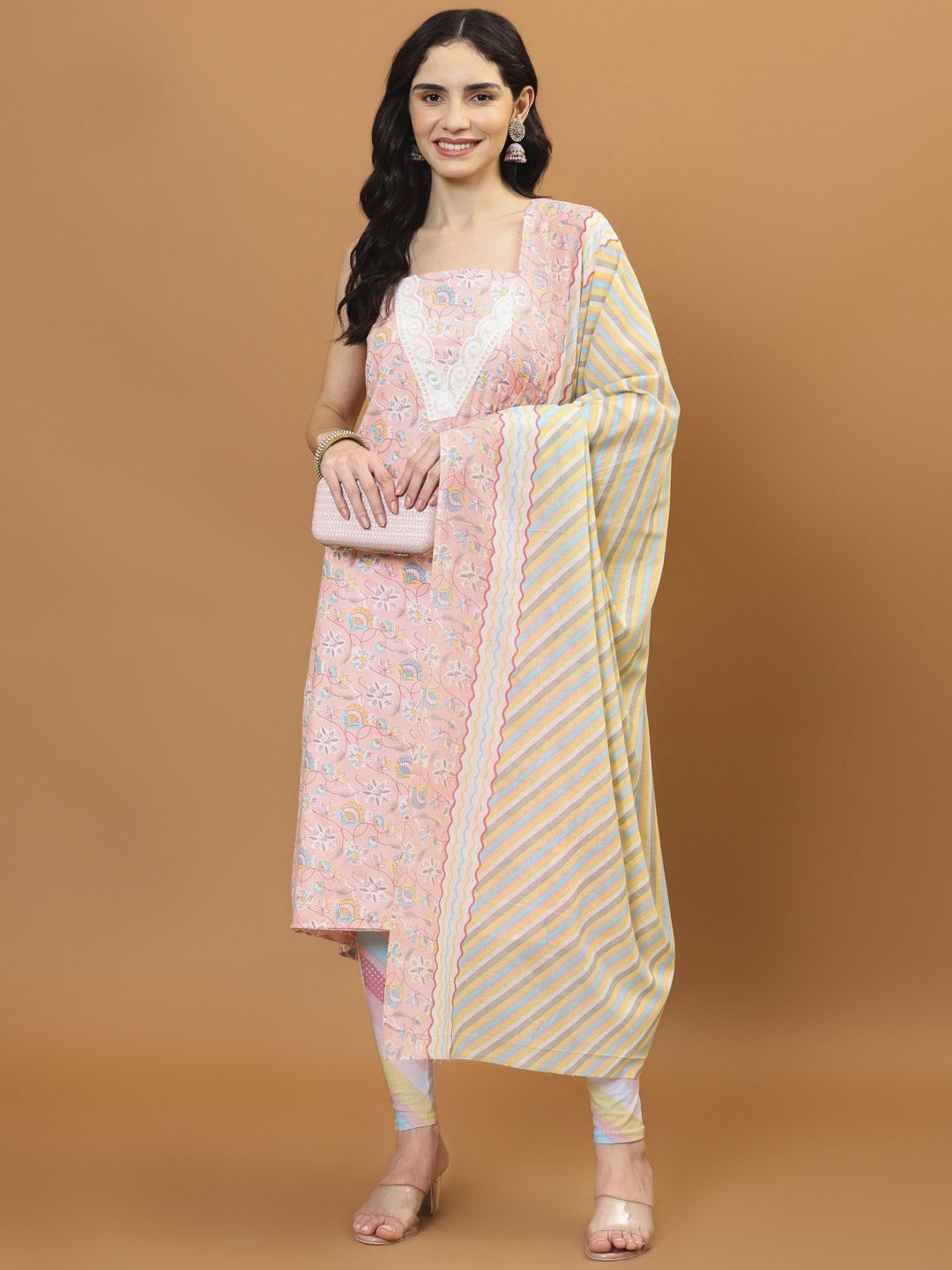 

Meena Bazaar Printed Unstitched Dress Material, Peach