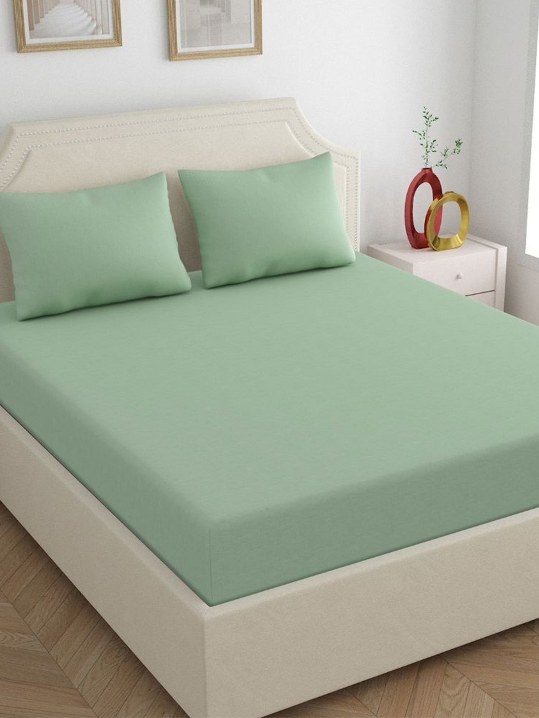

haus & kinder Green 180 TC Pure Cotton Jersey Fitted Queen Bedsheet with 2 Pillow Covers