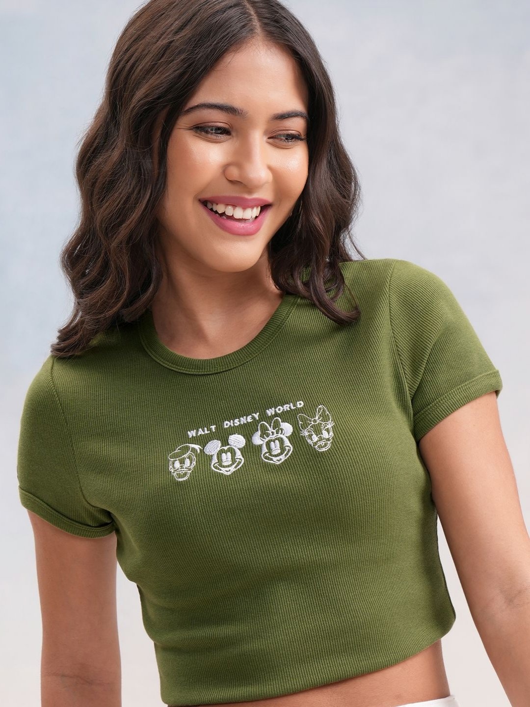 

Street By Tokyo Talkies Women Disney Mickey & Friends Printed Ribbed Cotton T-Shirt, Olive