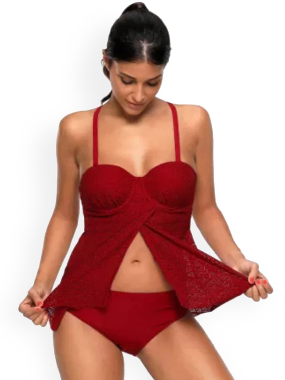 

ANGEL CROSHET Women Underwired Tankini Swimwear, Maroon