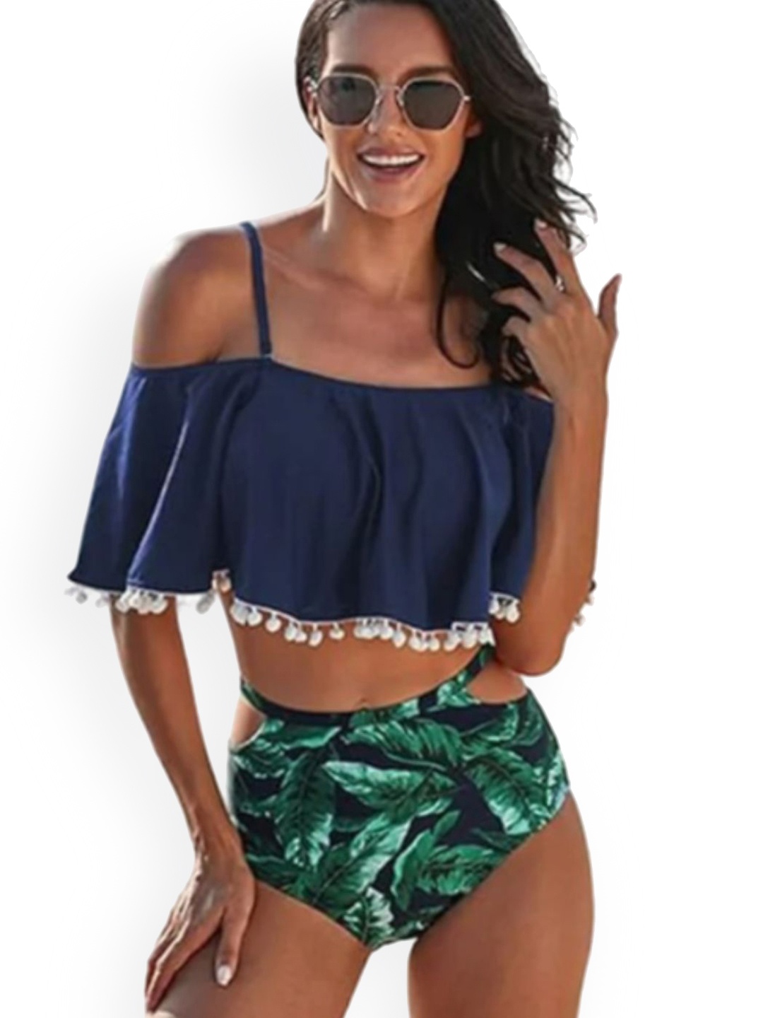 

ANGEL CROSHET Printed Flounce Tassel Swim Set, Green